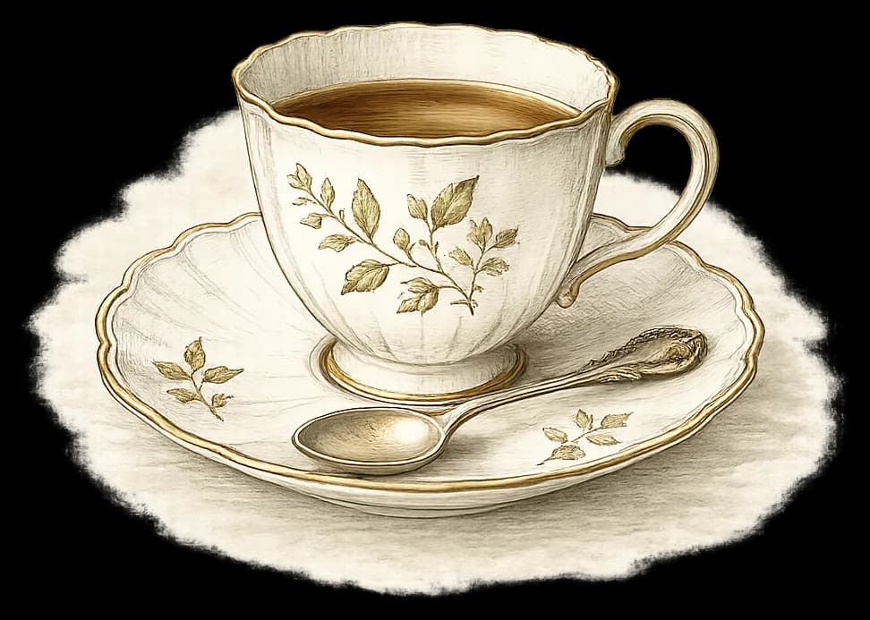 A botanical teacup and saucer with a spoon