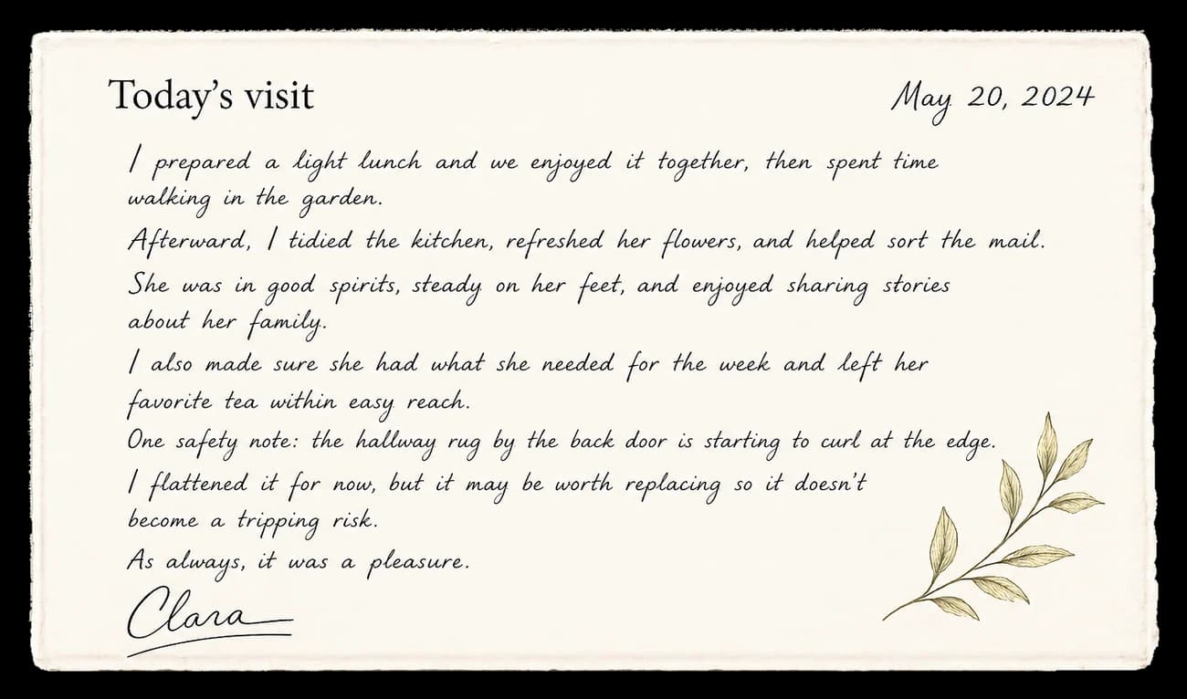 A handwritten visit update card
