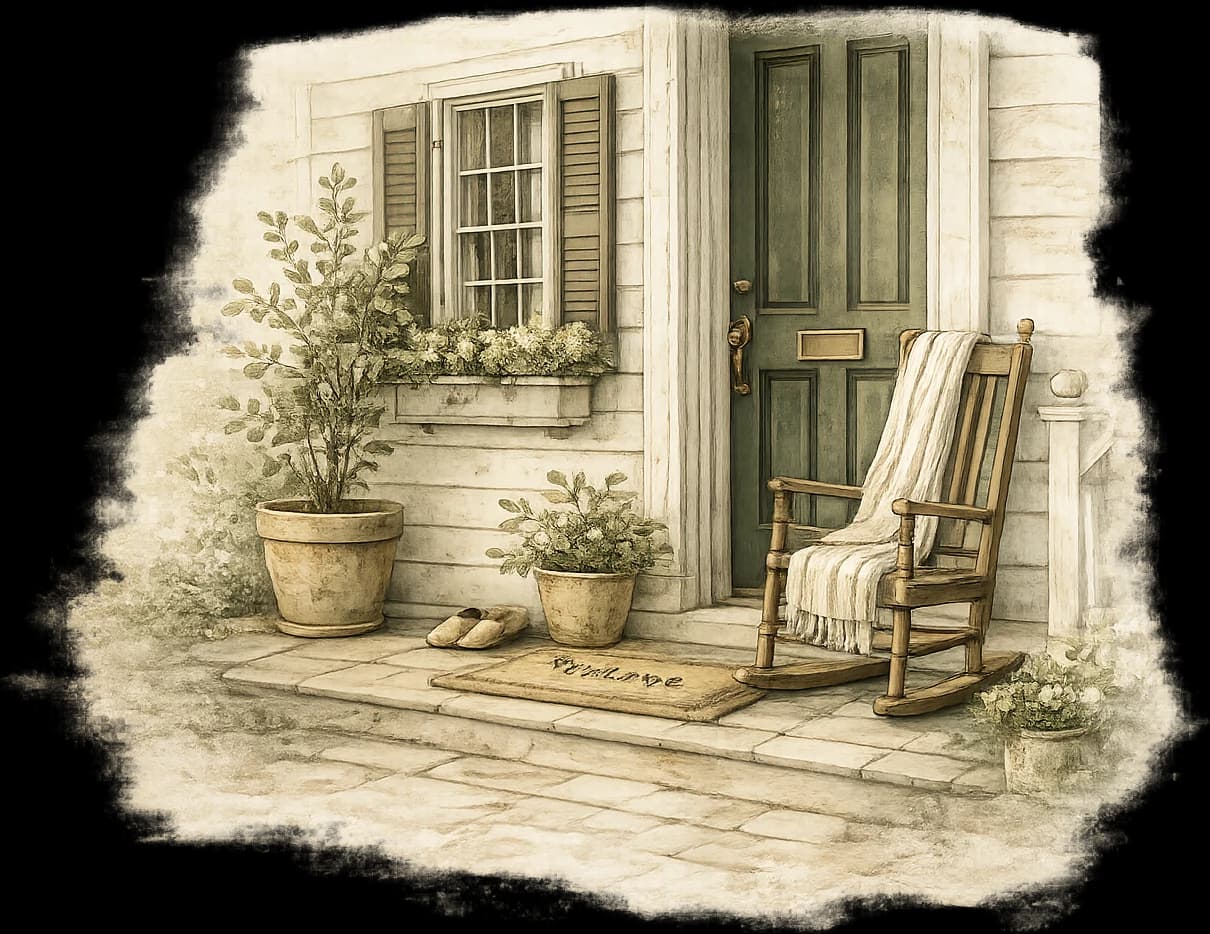 A front porch with a rocking chair, potted plants and a welcome mat
