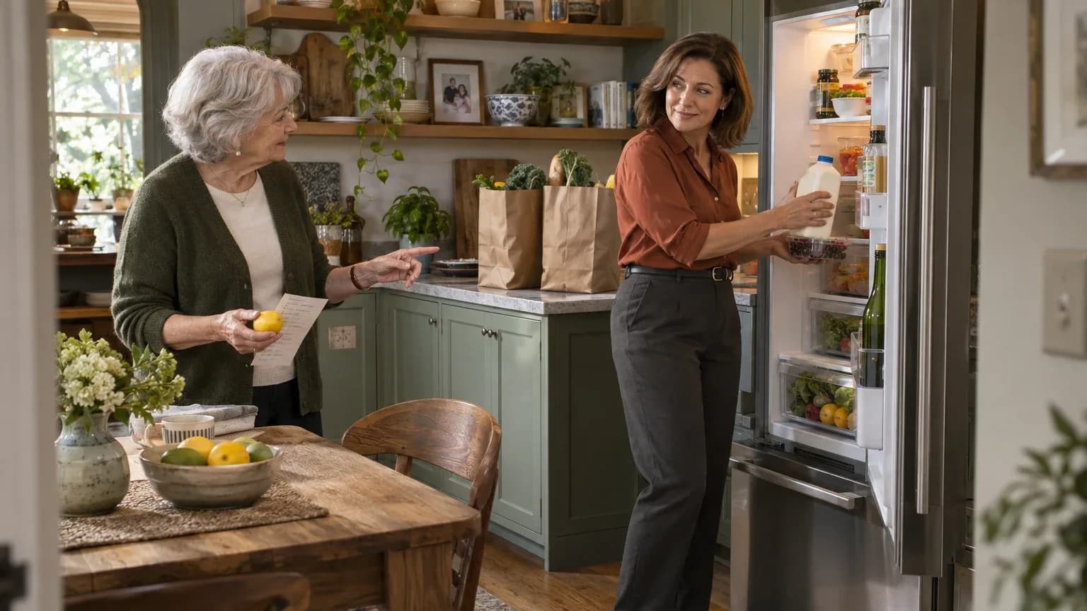 An older woman holding her shopping list, talking through where things go while a ThereWhen companion puts groceries away in the refrigerator